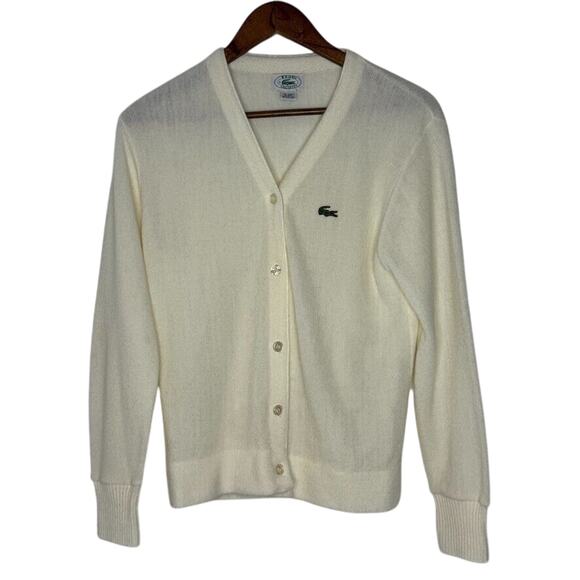 Vintage IZOD Lacoste 36 Cream Acrylic Cardigan Sweater Preppy Classic USA Made - Picture 1 of 7